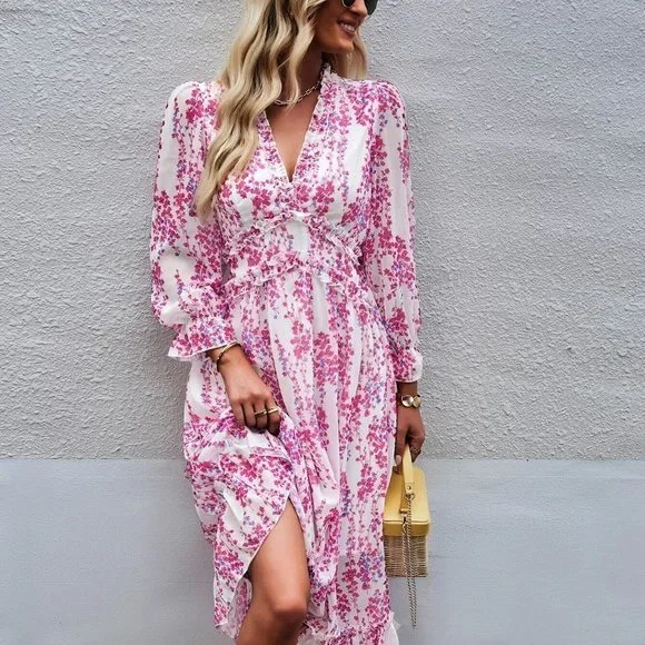 Pink Boho Womens Floral Print Flounce Sleeve Ruffle Hem Dress - Picture 5 of 5
